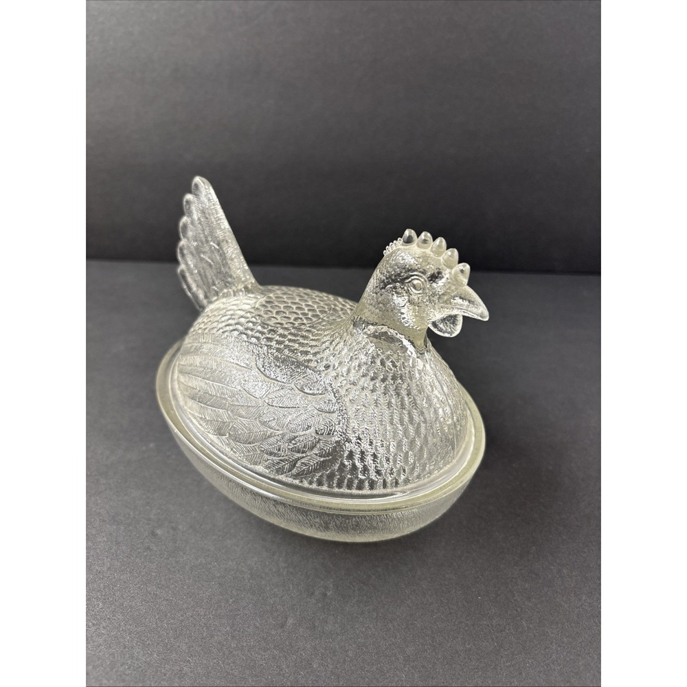 VTG Indiana Glass Clear Hen On Nest Chicken Candy Trinket Covered Dish Farmhouse - Picture 4 of 16